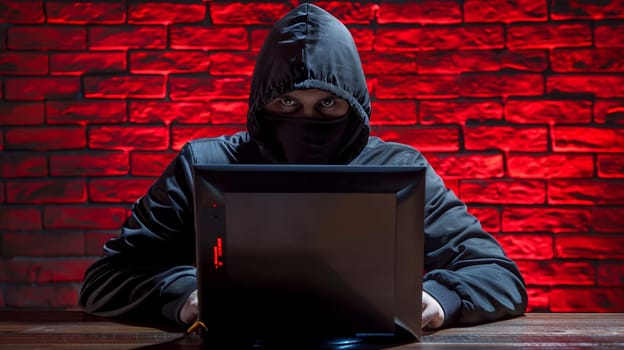 Intense hooded figure engages in cyber crime at computer, red brick wall illuminates mysterious ambiance