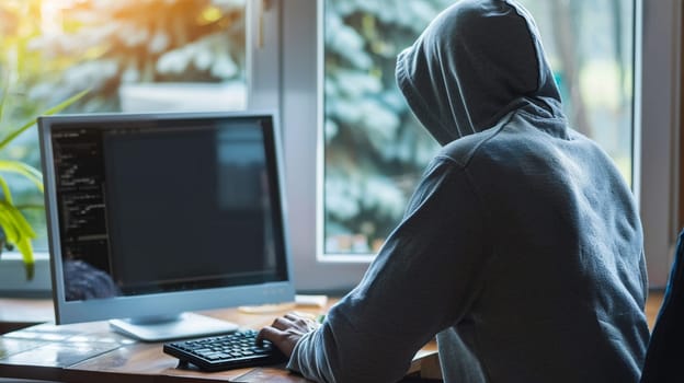 Hooded figure engages in cyber crime seated before computer screen in dark, secretive indoor environment