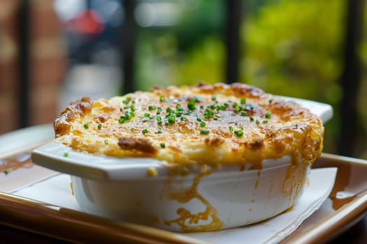 Traditional German cuisine, close-up view of savory melted cheese dish with chives, served hot on wooden tray