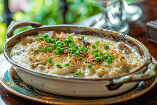 Savory German casserole, bubbly cheese, golden crust, sprinkled with green onions, presented on elegant tray