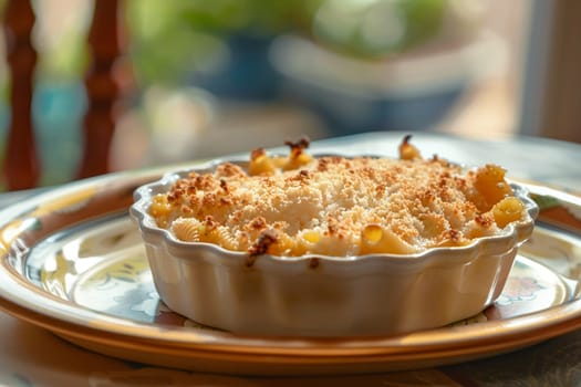 Warm baked macaroni cheese on elegant tray in natural light, embodying comfort, warmth, homemade tradition.