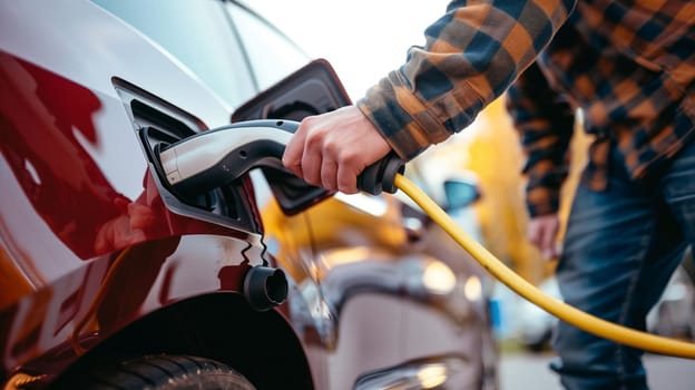 Man hand connects electric car to charging station with yellow cable, showcasing green energy transportation