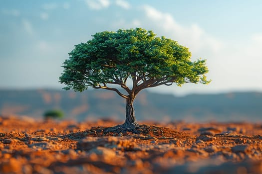 Vibrant green tree flourishing in barren desert environment, representing reforestation, survival, and nature's resilience