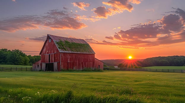 At dusk, a red barn stands amidst a grassy field under a sky painted with clouds. The natural landscape of the meadow is beautifully complemented by the rustic building
