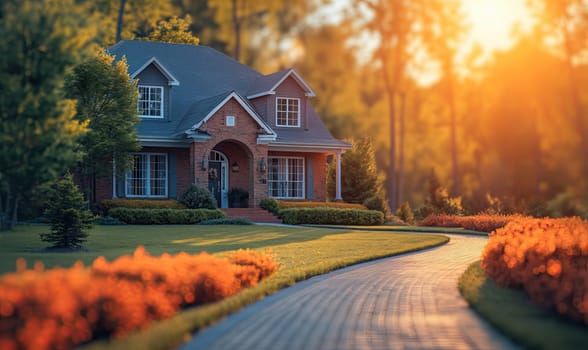 A cozy house against the backdrop of a natural landscape. Selective soft focus.