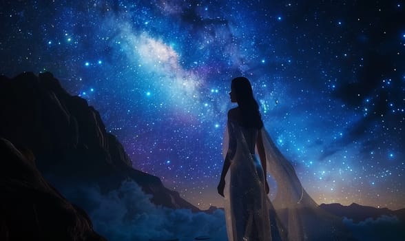 A beautiful woman in transparent clothes standing against the background of the cosmic sky. High quality illustration