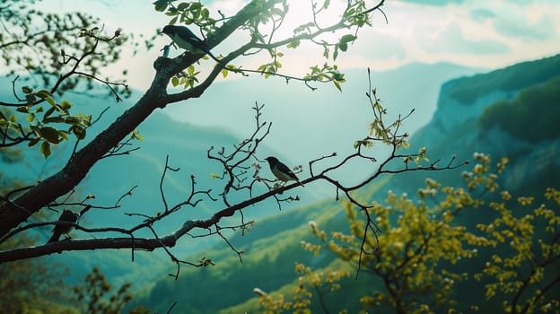 Birds are sitting on the branches of trees. Mountain landscape. High quality photo