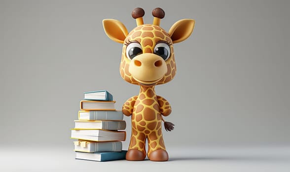 3D illustration of a giraffe with books. Selective soft focus.