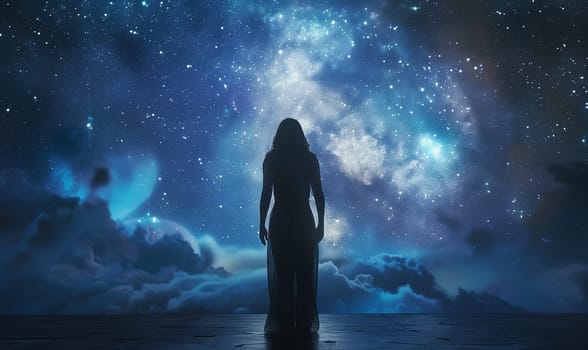 A beautiful woman in transparent clothes standing against the background of the cosmic sky. High quality illustration