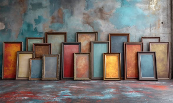 Old colored wooden frames as a background. Selective soft focus.