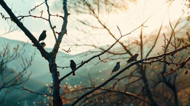 Birds are sitting on the branches of trees. Mountain landscape. High quality photo