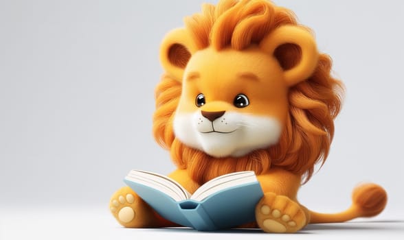 3D illustration of a lion reading a book. Selective soft focus.