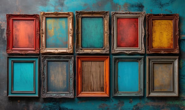 Old colored wooden frames as a background. Selective soft focus.