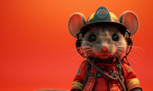 Illustration, mouse fireman on a colored background. Selective soft focus.
