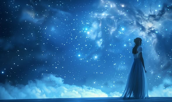 A beautiful woman in transparent clothes standing against the background of the cosmic sky. High quality illustration