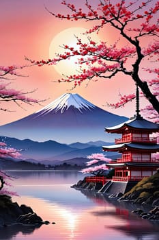 Japanese pagoda set against iconic Mount Fuji, capturing essence of traditional Japanese landscape, architecture. For art, creative projects, fashion, style, advertising campaigns, web design, print