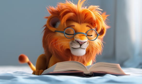 3D illustration of a lion reading a book. Selective soft focus.