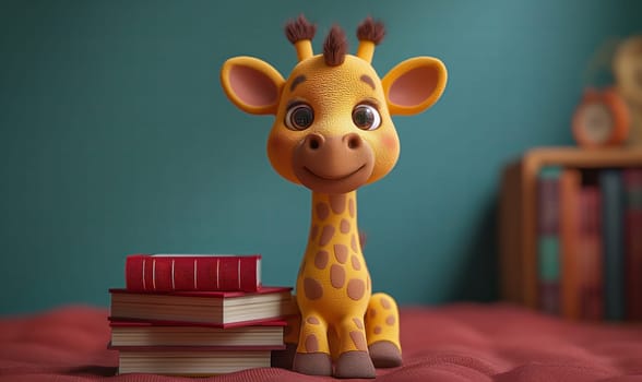 3D illustration of a giraffe with books. Selective soft focus.