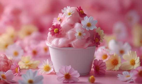 Flower ice cream in a waffle cup. Selective soft focus.