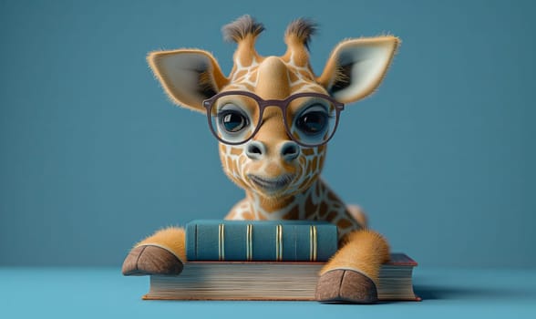 3D illustration of a giraffe with books. Selective soft focus.