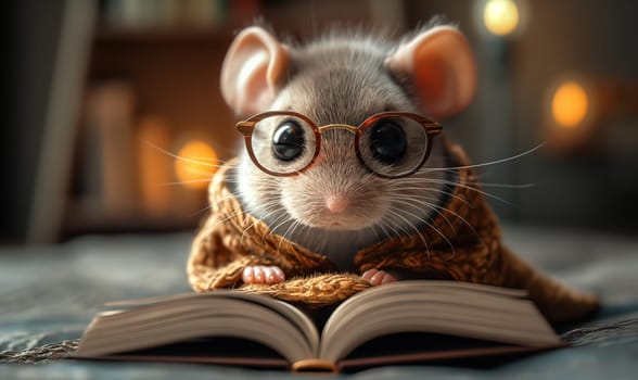 3D illustration of a mouse with books. Selective soft focus.