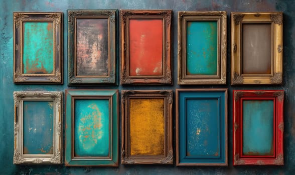 Old colored wooden frames as a background. Selective soft focus.