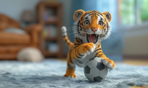 3D illustration of a tiger playing football. Selective soft focus.