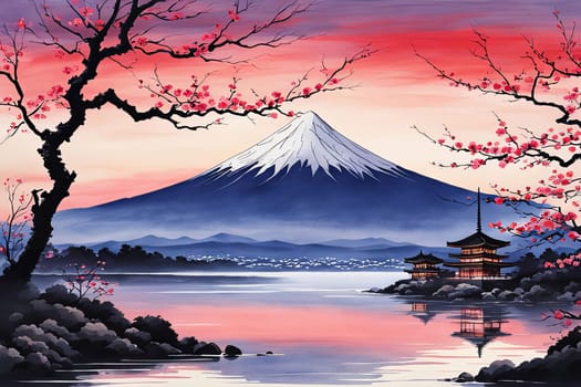 Japanese sunset over tranquil landscape, featuring traditional pagoda silhouetted against radiant sky. Blend of vibrant colors captures essence of peace. For art, creative projects, fashion, magazines