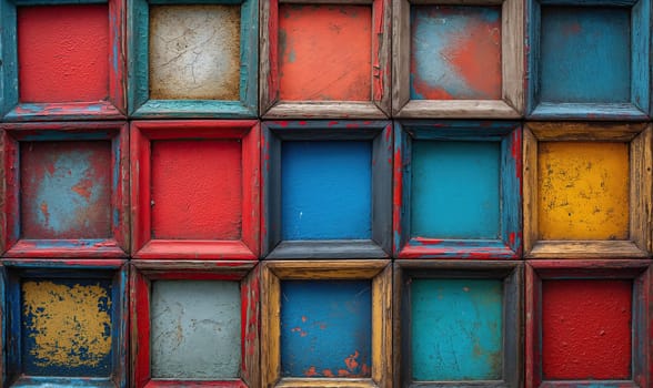 Old colored wooden frames as a background. Selective soft focus.