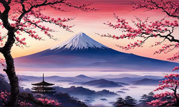 Japanese pagoda set against iconic Mount Fuji, capturing essence of traditional Japanese landscape, architecture. For art, creative projects, fashion, style, advertising campaigns, web design, print