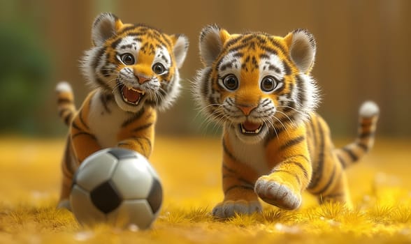 3D illustration of a tiger playing football. Selective soft focus.