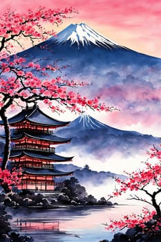 Japanese pagoda set against iconic Mount Fuji, capturing essence of traditional Japanese landscape, architecture. For art, creative projects, fashion, style, advertising campaigns, web design, print