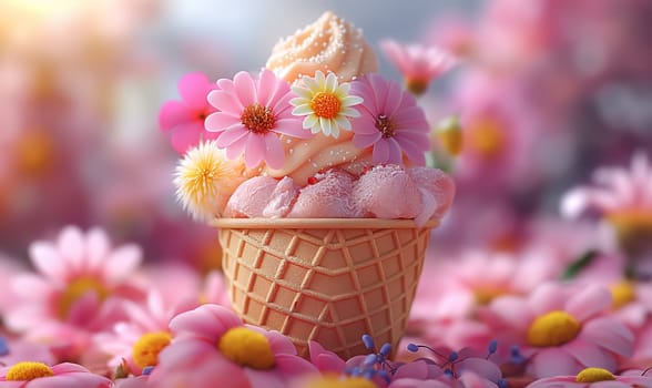 Flower ice cream in a waffle cup. Selective soft focus.