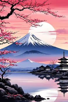 Traditional Japanese pagoda with iconic Mount Fuji in background, capturing essence of Japans natural beauty, cultural heritage. For interior, commercial spaces to create stylish atmosphere, print