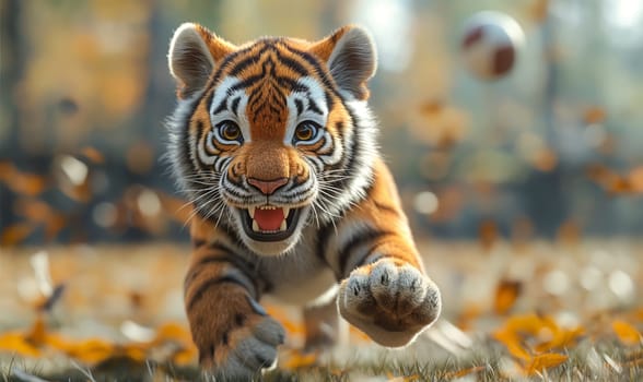3D illustration of a tiger playing football. Selective soft focus.