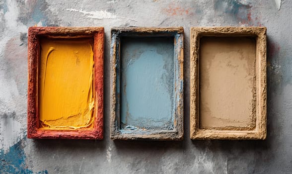 Frames for photos and paintings on the wall. Selective soft focus.