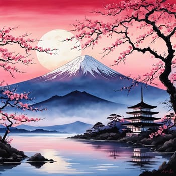 Traditional Japanese pagoda with iconic Mount Fuji in background, capturing essence of Japans natural beauty, cultural heritage. For interior, commercial spaces to create stylish atmosphere, print