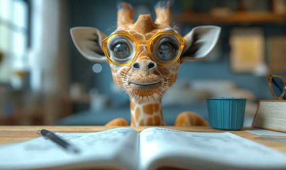 3D illustration of a giraffe with books. Selective soft focus.