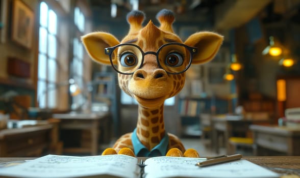 3D illustration of a giraffe with books. Selective soft focus.
