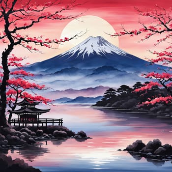 Traditional Japanese pagoda with iconic Mount Fuji in background, capturing essence of Japans natural beauty, cultural heritage. For interior, commercial spaces to create stylish atmosphere, print