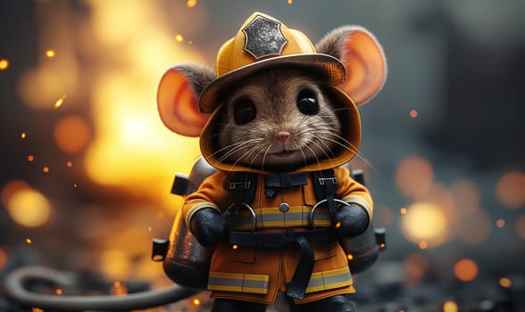 Illustration, mouse fireman on a blurred background. Selective soft focus.