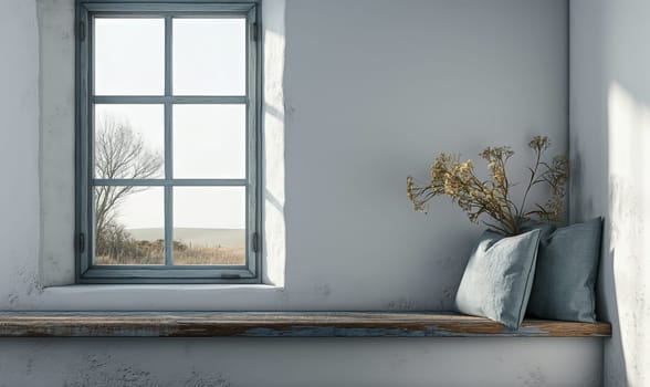 Empty white room with a view from the window. Selective soft focus.