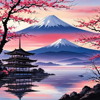 Traditional Japanese pagoda with iconic Mount Fuji in background, capturing essence of Japans natural beauty, cultural heritage. For interior, commercial spaces to create stylish atmosphere, print