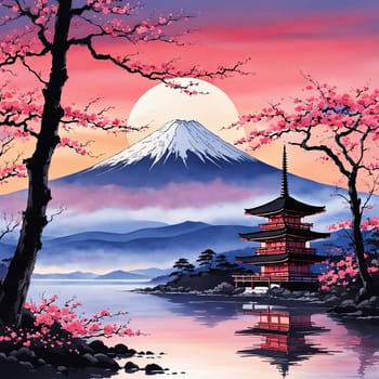 Traditional Japanese pagoda with iconic Mount Fuji in background, capturing essence of Japans natural beauty, cultural heritage. For interior, commercial spaces to create stylish atmosphere, print