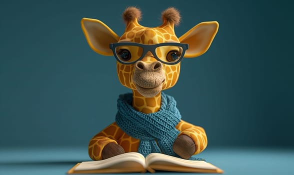 3D illustration of a giraffe with books. Selective soft focus.