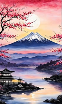 Serene landscape with mountain, pagoda in background. For meditation apps, on covers of books about spiritual growth, in designs for yoga studios, spa salons, illustration for articles on inner peace