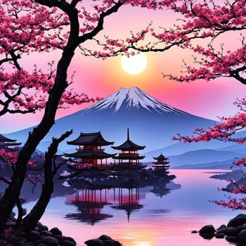 Serene landscape with mountain, pagoda in background. Sky is filled with beautiful pink hue, and moon is shining brightly. Concept of peace, tranquility. For art, creative projects, fashion, magazines