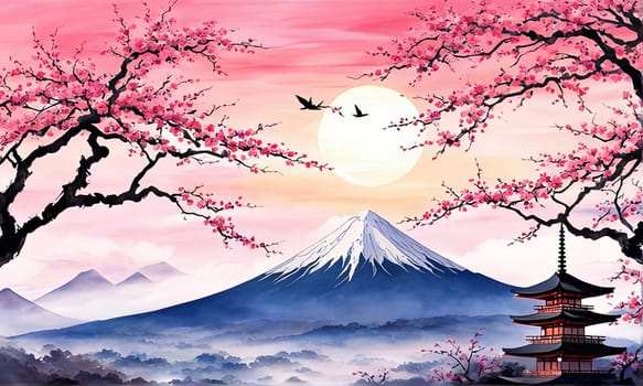 Serene landscape with mountain, pagoda in background. Sky is filled with beautiful pink hue, and moon is shining brightly. Concept of peace, tranquility. For art, creative projects, fashion, magazines