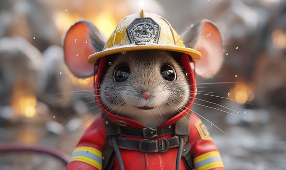Illustration, mouse fireman on a blurred background. Selective soft focus.