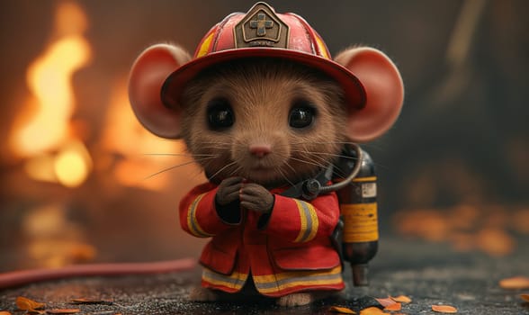 Illustration, mouse fireman on a blurred background. Selective soft focus.